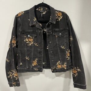 Free People Black Denim Jacket with Floral Embroidery